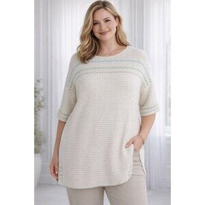 J Jill Crochet Knit Tunic Sweater Womens 1X Cream Short Sleeve Boho Pullover